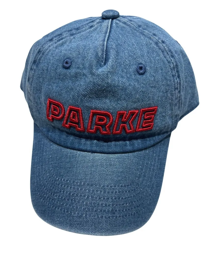 Parke Blue Denim Baseball Cap Red Embroidered Logo Adjustable Hat NWT