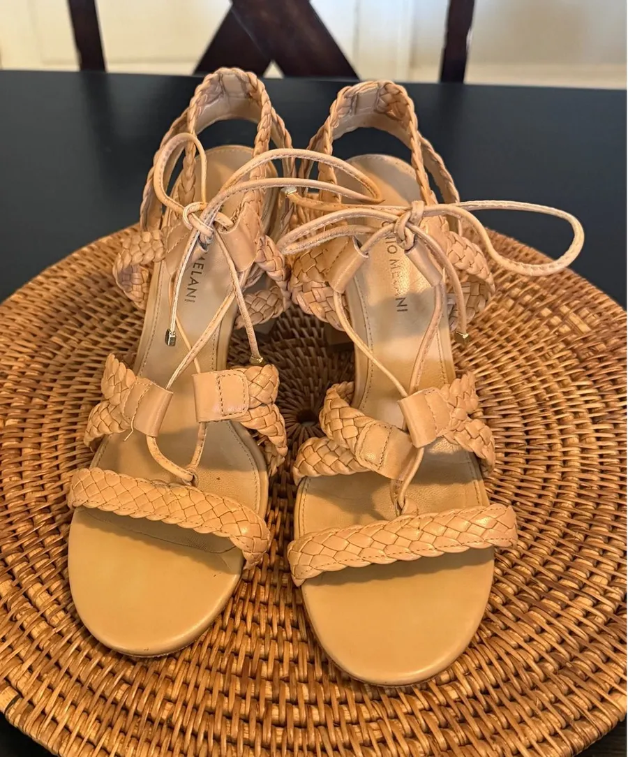 Antonio Melani Nude Tan Braided Leather Lace Up Block Heel Sandals Womens 9.5M