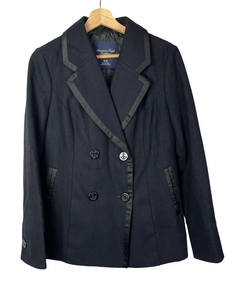 American Eagle AEO Navy Blue Wool Double Breasted Y2K Pea Coat M