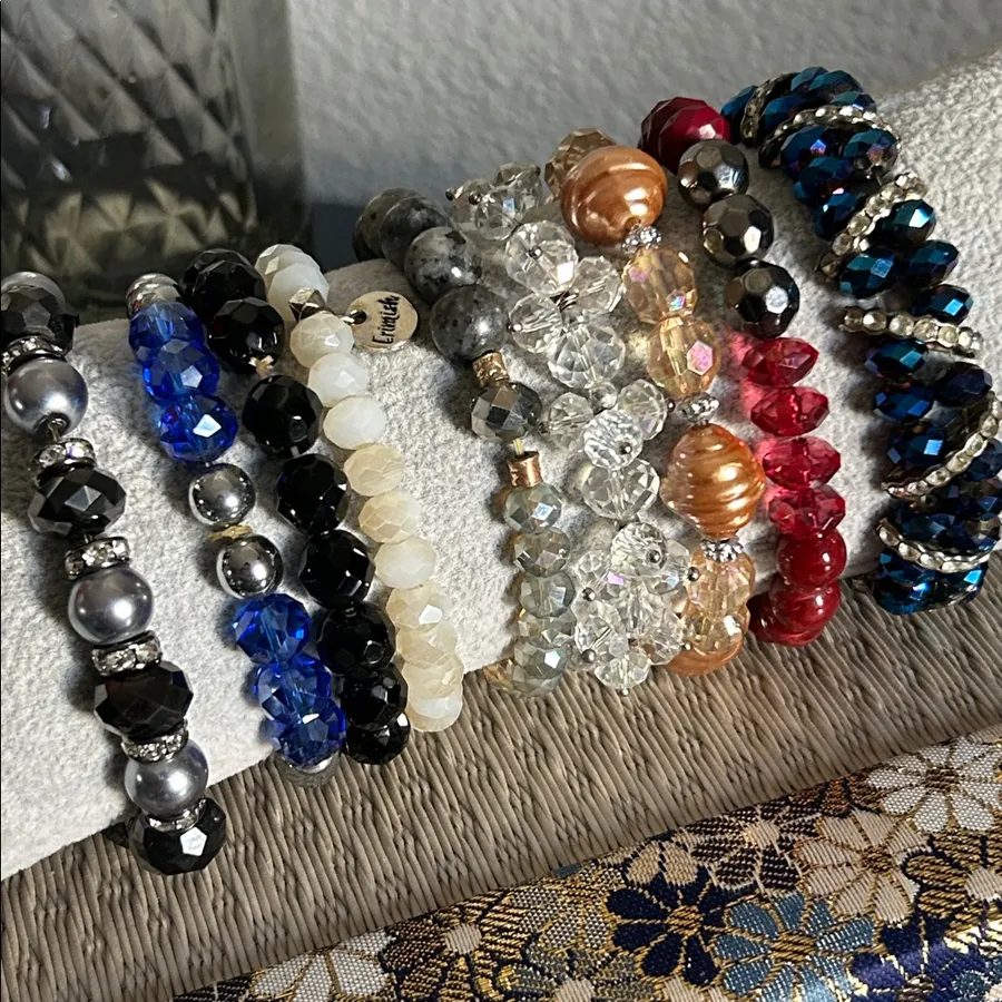 Set of 9 Chic Multi-Color Aurora Borealis Faceted Beaded Stretch Bracelets