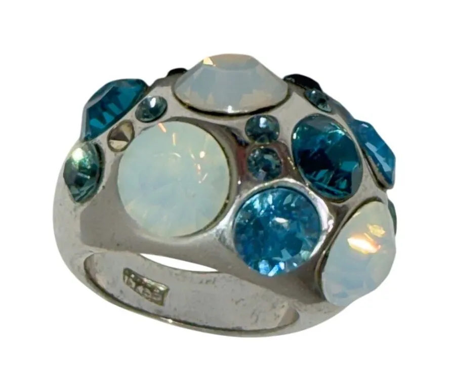 Swarovski Crystal Dome Cocktail Ring Women Size 5.75 Blue White Silver 18k GP
