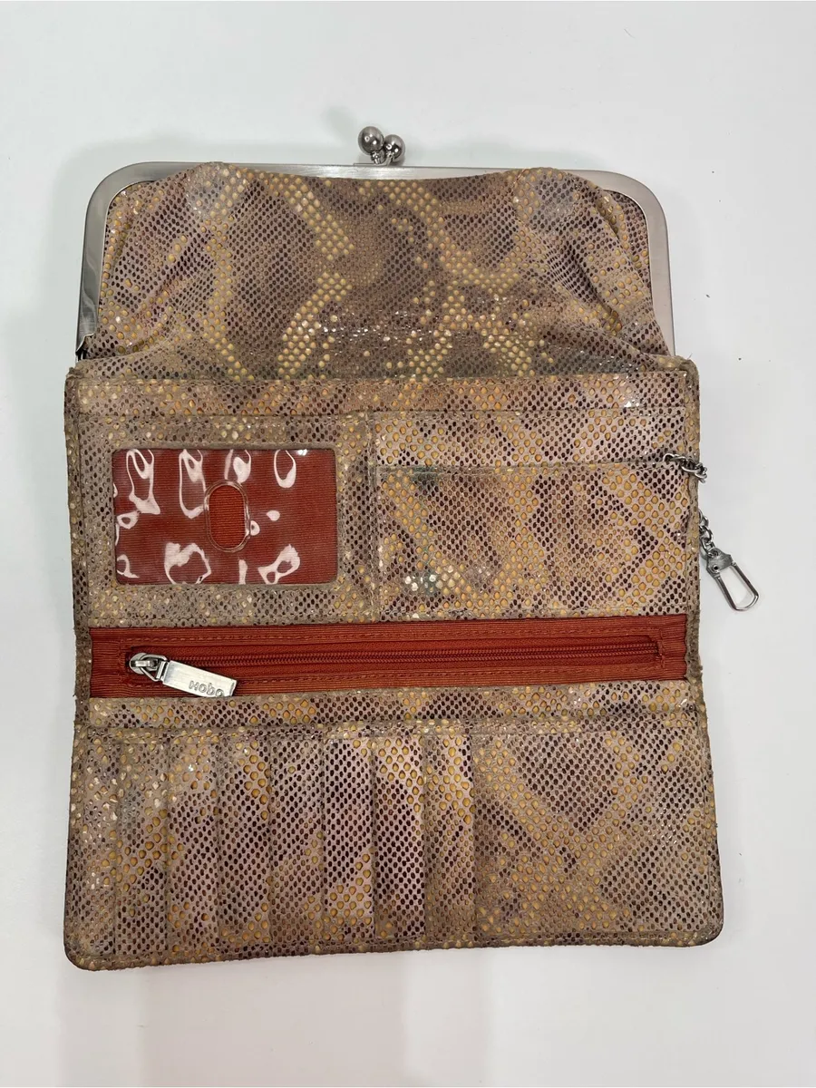 Hobo Clutch Wallet Snake Print Leather Trifold Organizer Kiss Lock Pocket Boho Tan