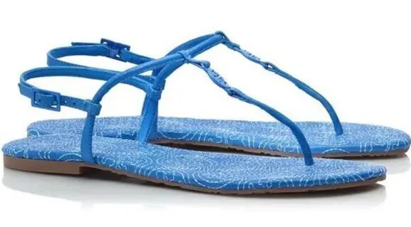 TORY BURCH Sandals Emmy Stitched Logo Leather Flat Thong Blue Ocean Breeze