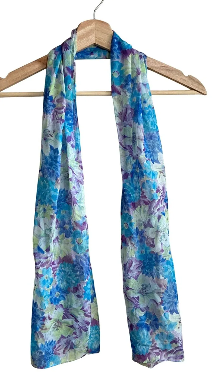 Unbranded Floral Print Oblong Scarf OS Blue Purple Women Lightweight Sheer