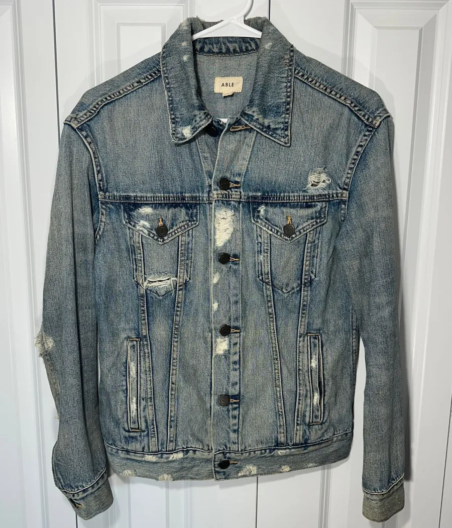 ABLE The Merly Denim Jacket Womens Small Blue Distressed Trucker Cotton Lyocell