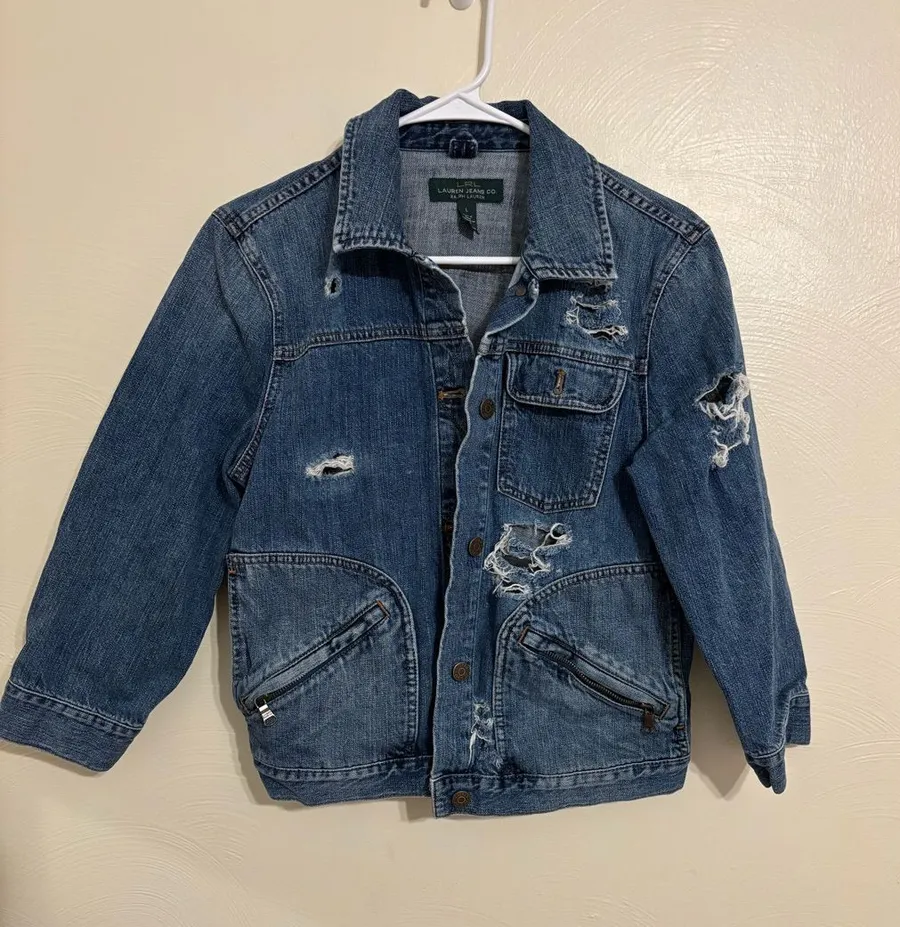 Lauren Jeans Co Ralph Lauren Distressed Denim Jacket Large Zip Pocket Trucker