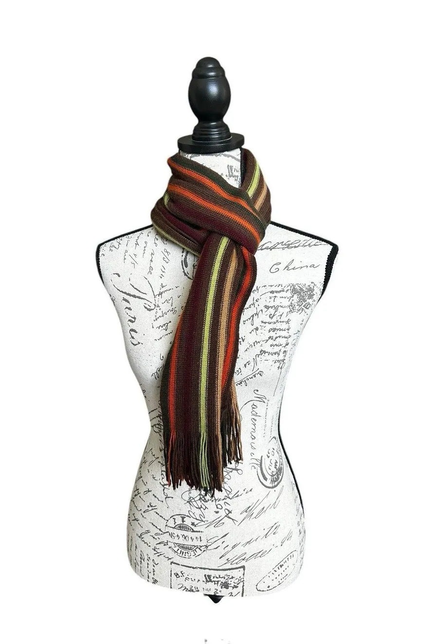 Wool Blend Stripe Scarf Fall Colors Brown Green Maroon Orange Fringe