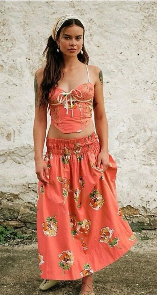 Free People Luca Printed Bustier Corset Top & Midi Skirt Vintage Set M