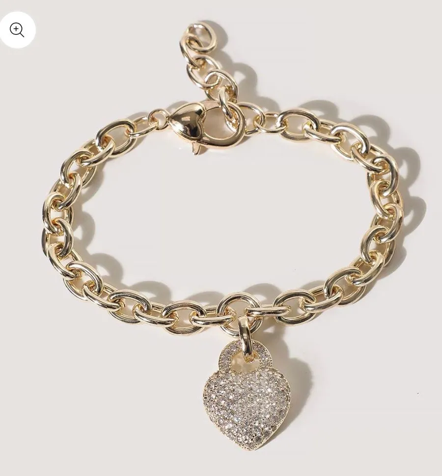 Heart Charm Pave Chain Bracelet Gold