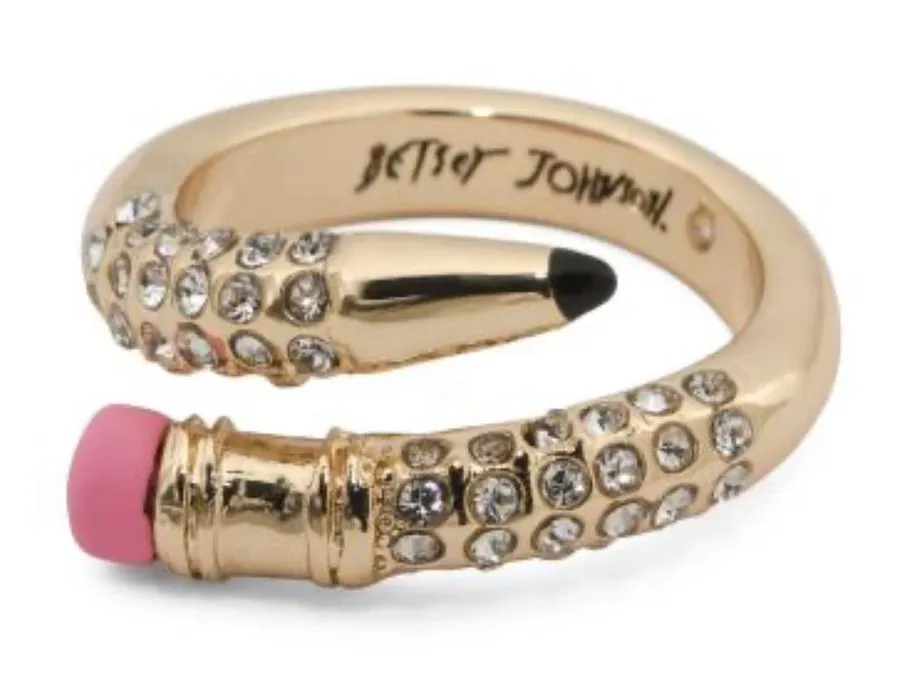 BETSEY JOHNSON Gold Plated Pave Crystal Pencil Wrap Band Ring Gift Box Size 7.5