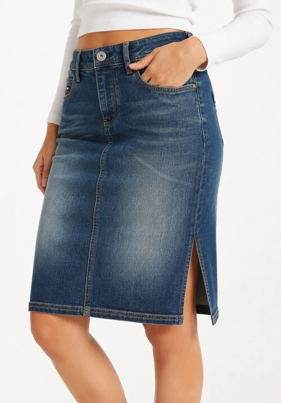 Tommy Hilfiger Women's Denim Midi Skirt Blue 0 Pencil Stretch Y2K Distressed
