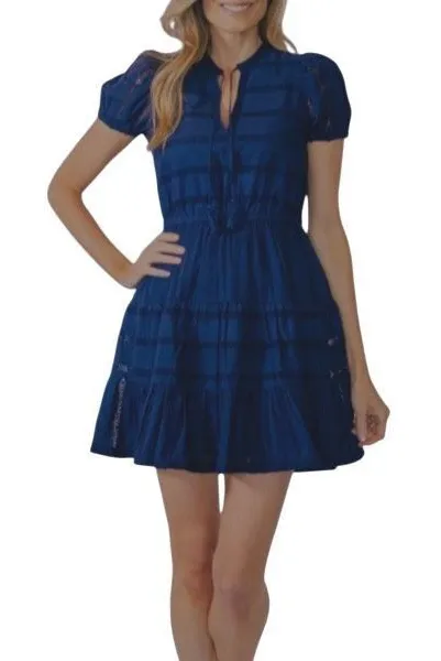 Sail to Sable Womens Short Sleeve Tiered Tassel Tie Mini Dress Navy Blue Medium
