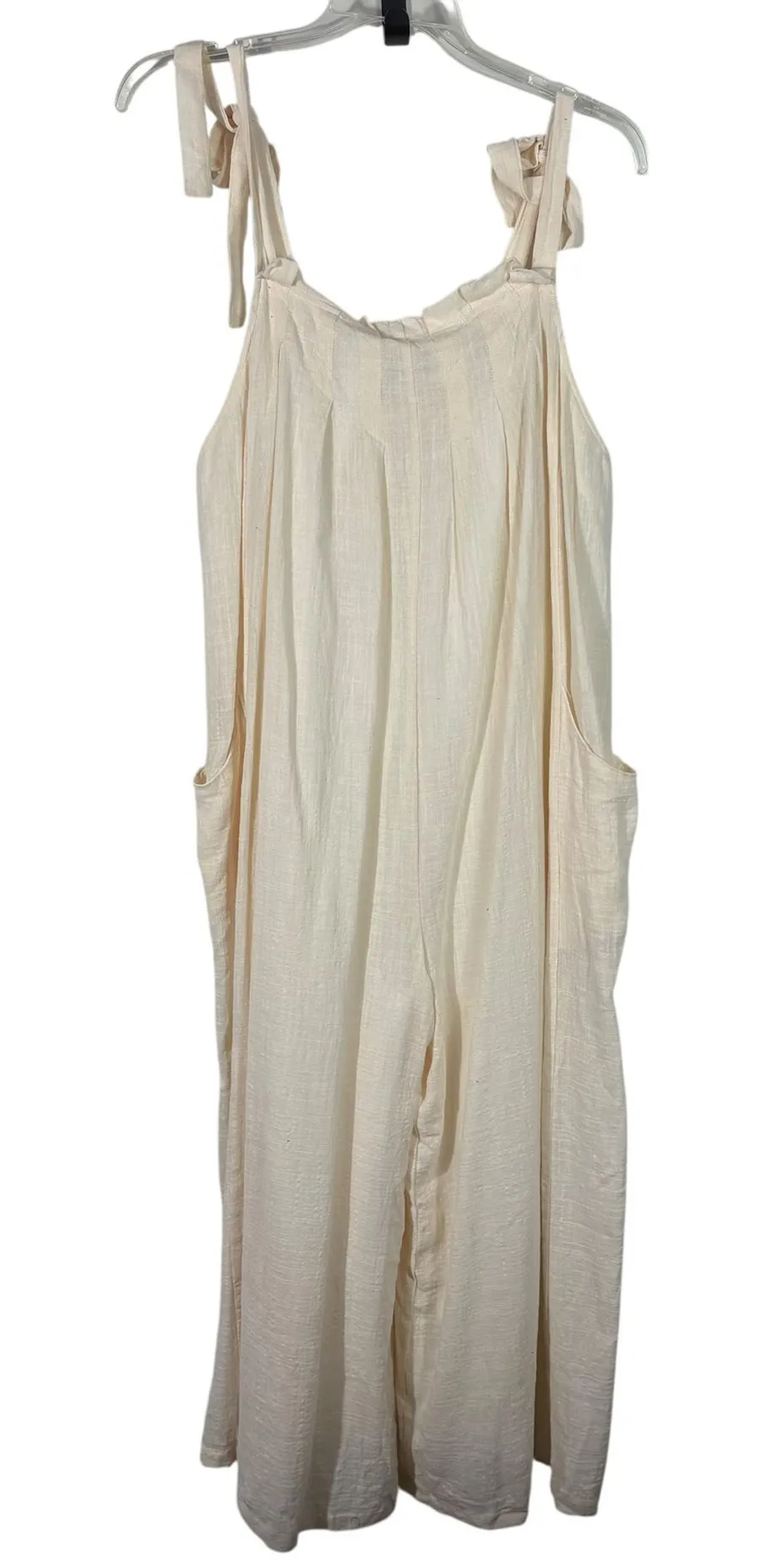 En Creme Beige Tan Cotton Wide Leg Tie Shoulder Jumpsuit Overalls NWT Large L
