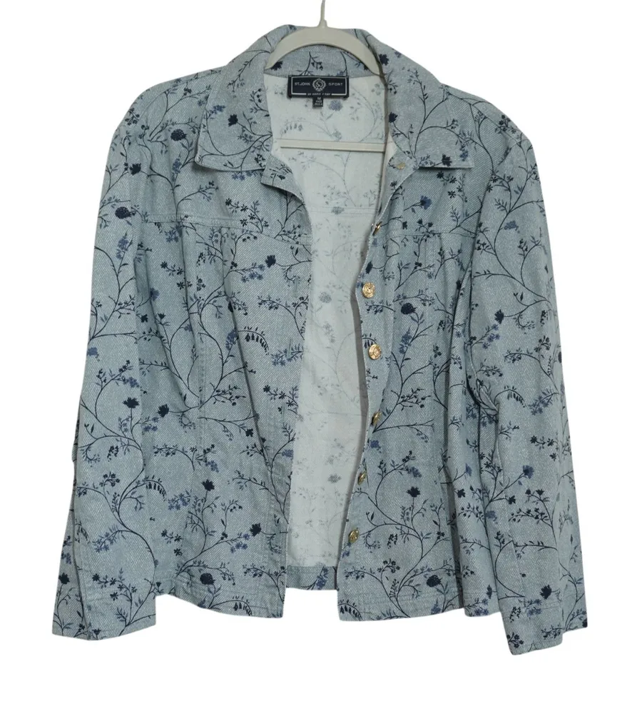 St. John Sport Marie Gray Blue Floral Denim Jacket Gold Logo Buttons Medium USA