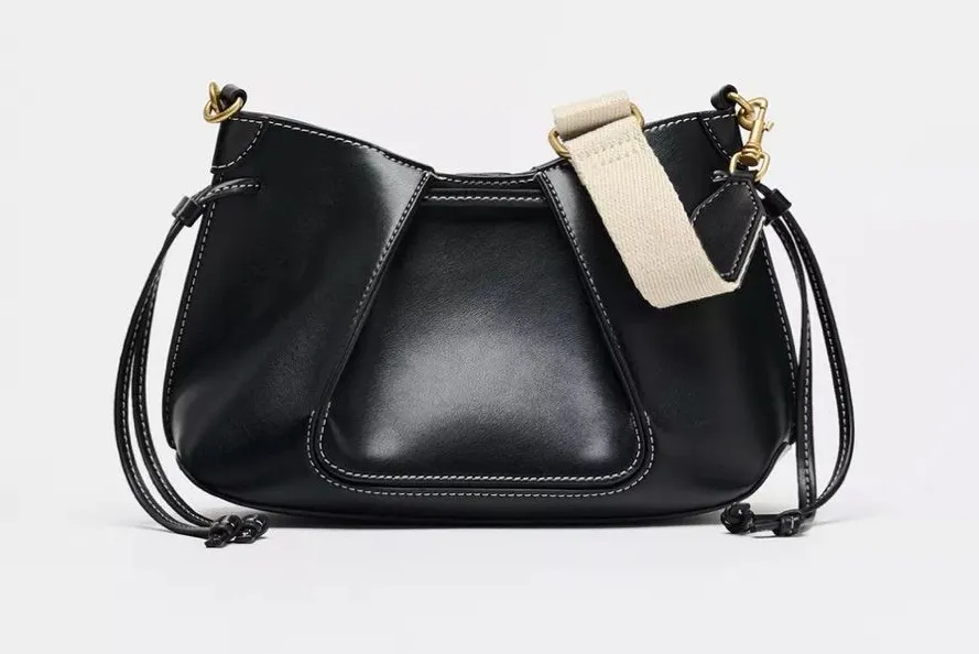 ZARA Women’s Black Leather Shoulder Bag with Contrast Strap