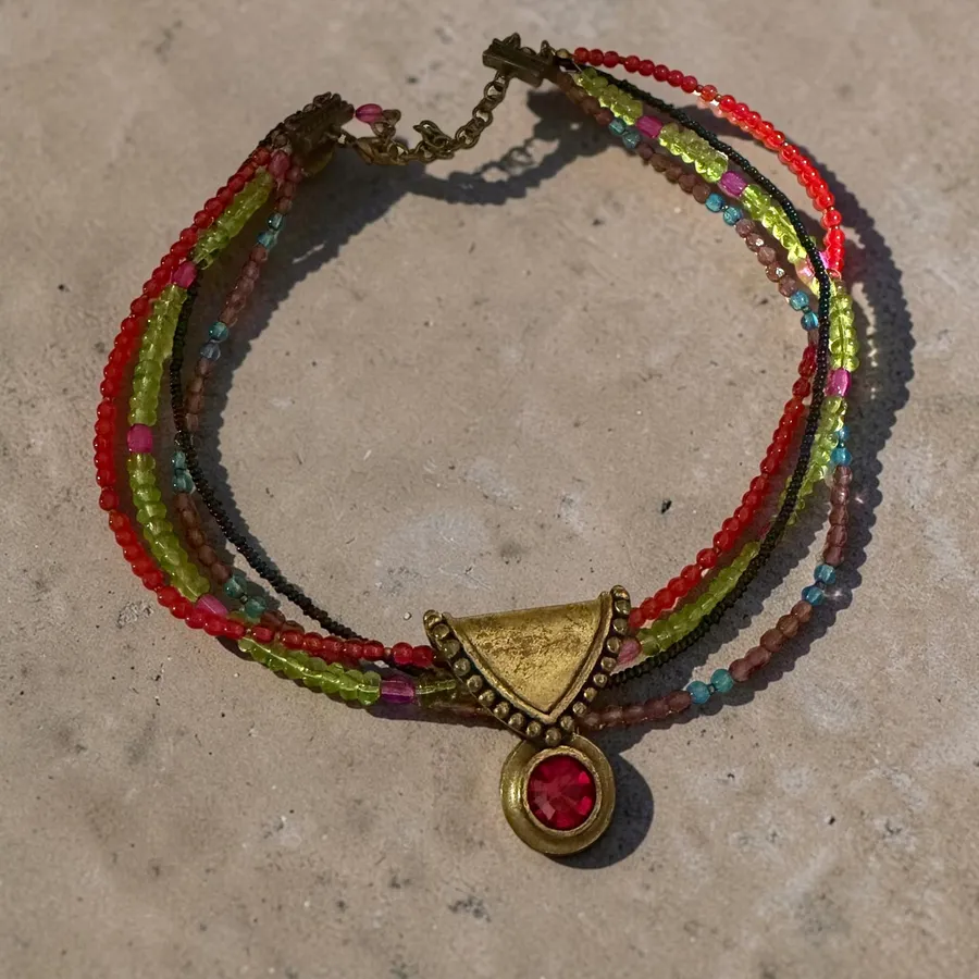 Chico's 4 Strand Colorful Beaded Choker Necklace Red Crystal Pendant