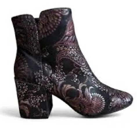 Aldo Metallic Paisley Brocade Ankle Boots Black Bronze Block Heel Size 7.5