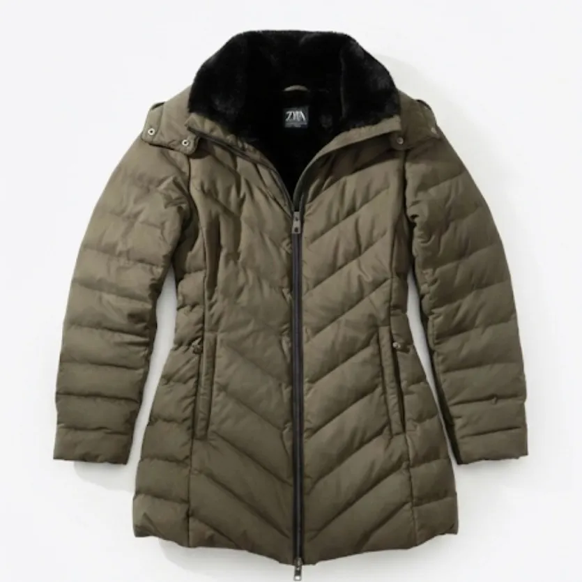 Zara Olive Green Down Puffer Coat Small Faux Fur Hood