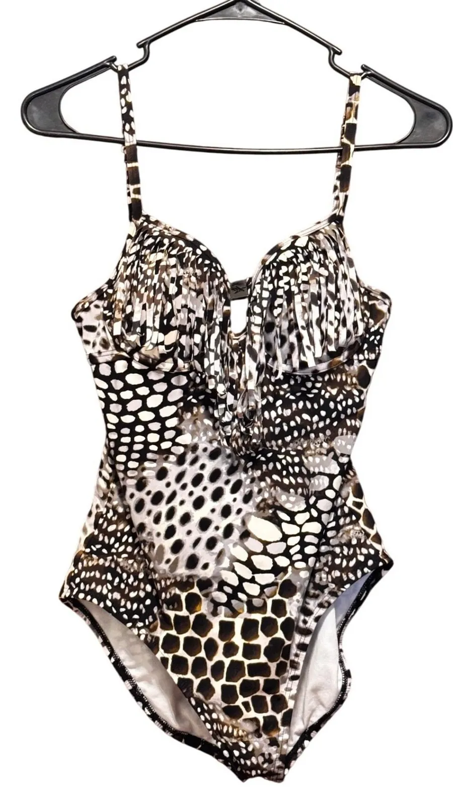 Kenneth Cole New York Animal Print Fringe One Piece Swimsuit Black White Brown S