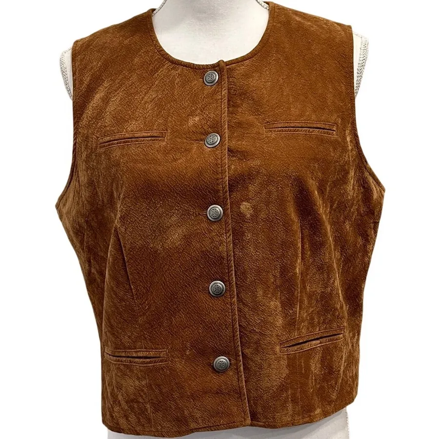 VTG 90s Stonebridge Co Suede Look Button Front Vest Brown Boho Cowgirl P Medium Tan Size undefined