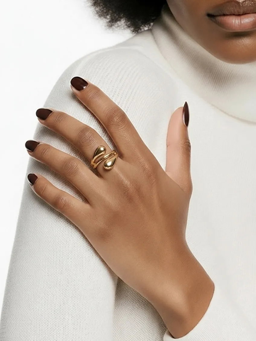 Women’s Stainless Steel Gold Tone Teardrop Design Wrap Statement Ring Size 7