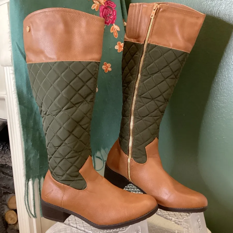Nautica Quilted Olive and Brown Over the Knee Boots