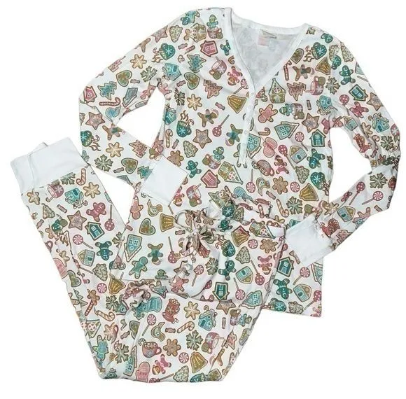 Pink Elephant Women’s Size XS White Gingerbread Print Henley Jogger Pajamas