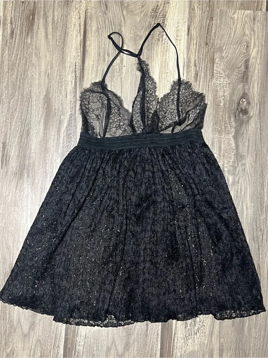 Victoria's Secret Black Eyelash Lace Pleated Babydoll Nightie Lingerie