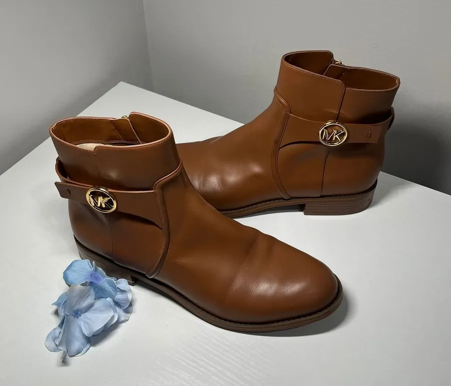 Michael Kors Womens Brown Leather MK Logo Ankle Boots Size 9M