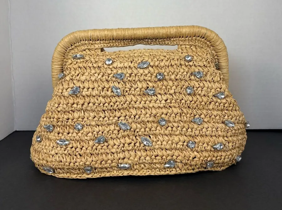 Straw Clutch Bag in Natural with crystal embellishments
