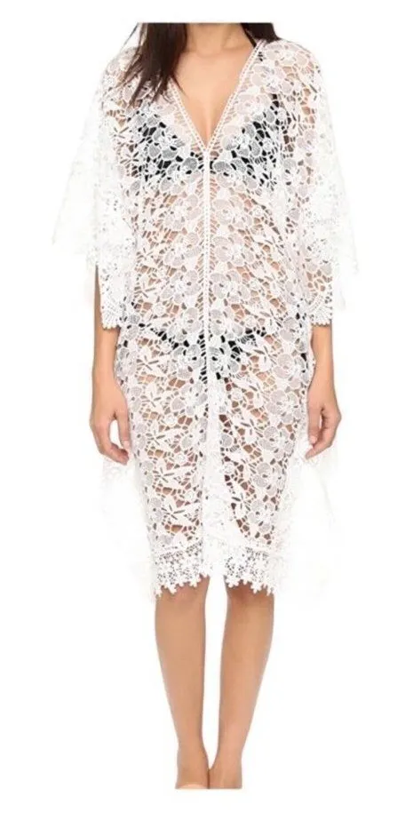 Yumi Kim White Sheer Lace Tulum Tunic Swim Cover Up Batwing Women Size XS New