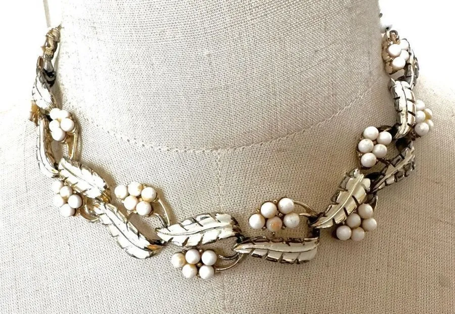 Coro vintage gold tone and white leaf necklace