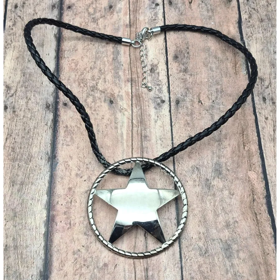 Western Texas Star Brooch Pin Pendant on a Black Faux Cord Collar Necklace 18"