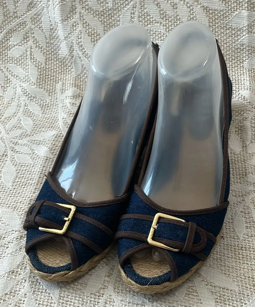 Ralph Lauren Cameron Dark Denim Brown Canvas Peep Toe Wedge Espadrilles Size 8