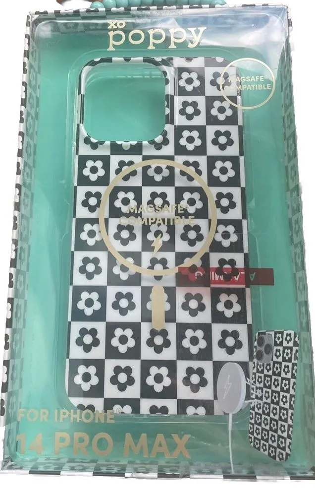 XO Poppy nwt IPhone 14 Pro Max Case MagSafe Black White Checkered Flower Print