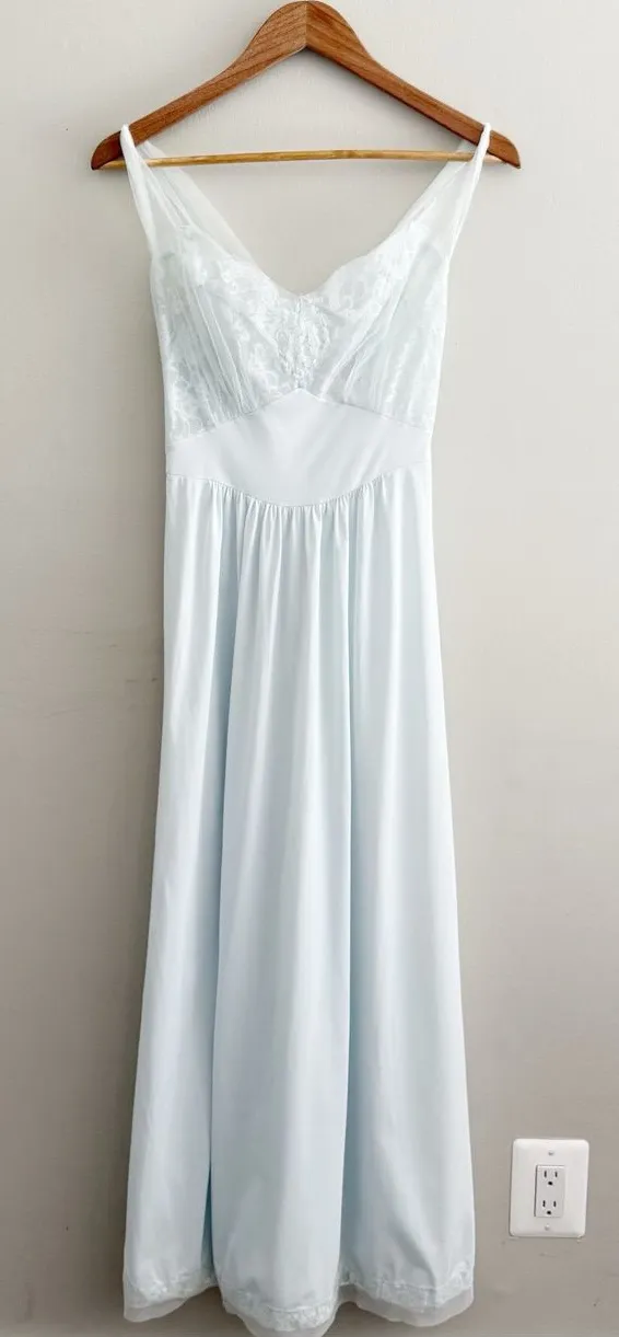 Vintage Light Blue Nylon Maxi Slip Dress Chemise Lingerie Size XS