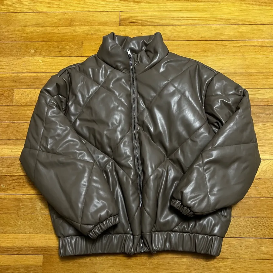 Lush Faux Leather Puffer Coat Jacket Taupe Brown