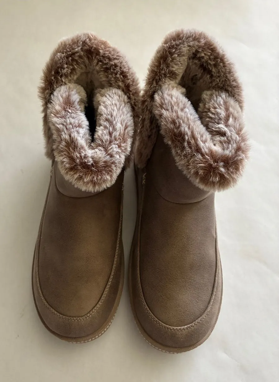 Skechers Plush-Collar Ankle Booties in Taupe