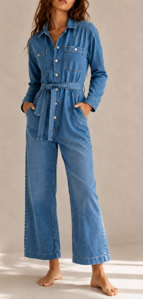 Madewell Denim Tie Waist Jumpsuit Medium Wash Blue S