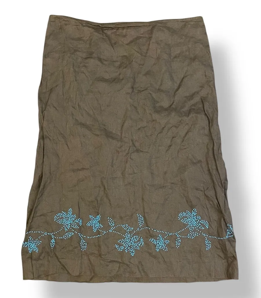 Ann Taylor Loft Linen Beaded Midi Skirt Size 4 Brown Blue Boho