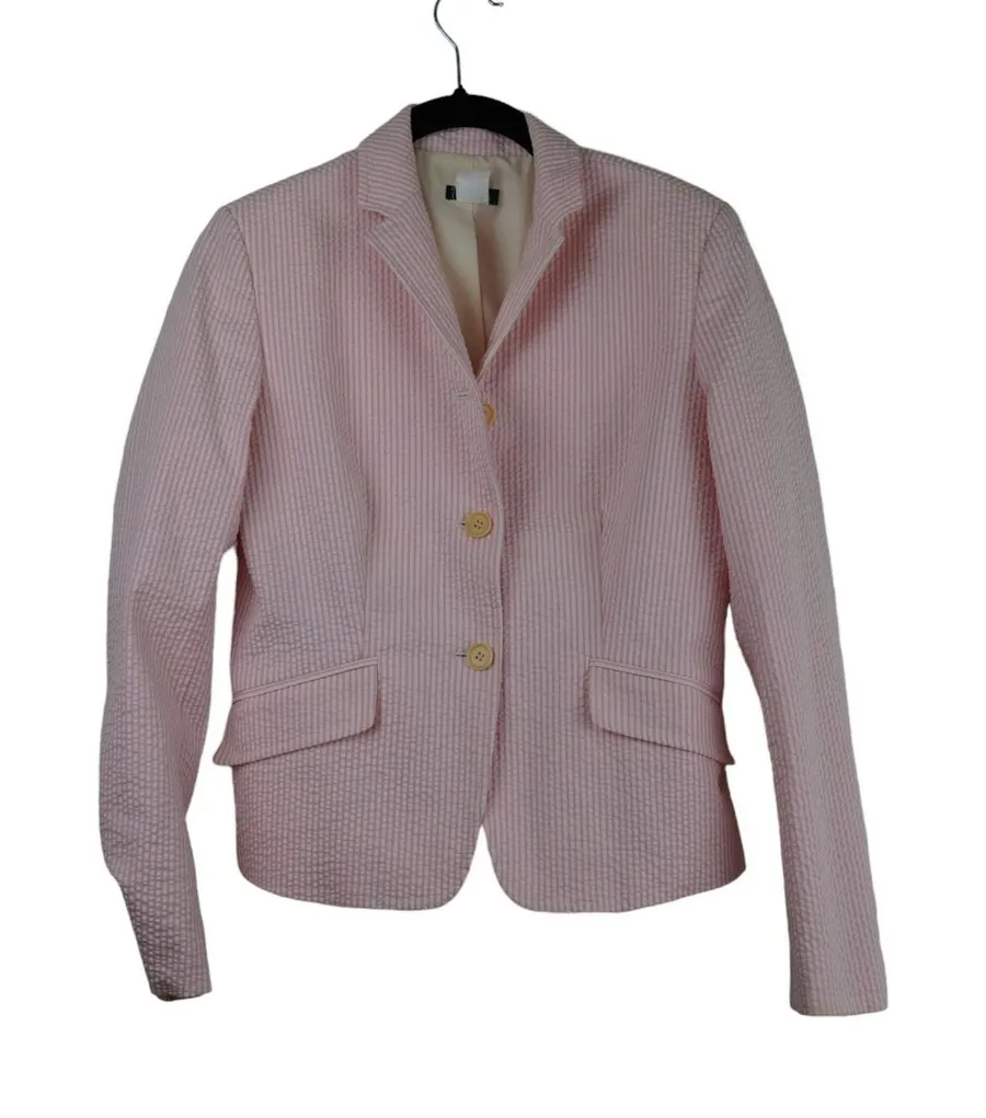 J Crew Seersucker Blazer Women 2 Striped Cotton Stretch Preppy Career Summer Pink