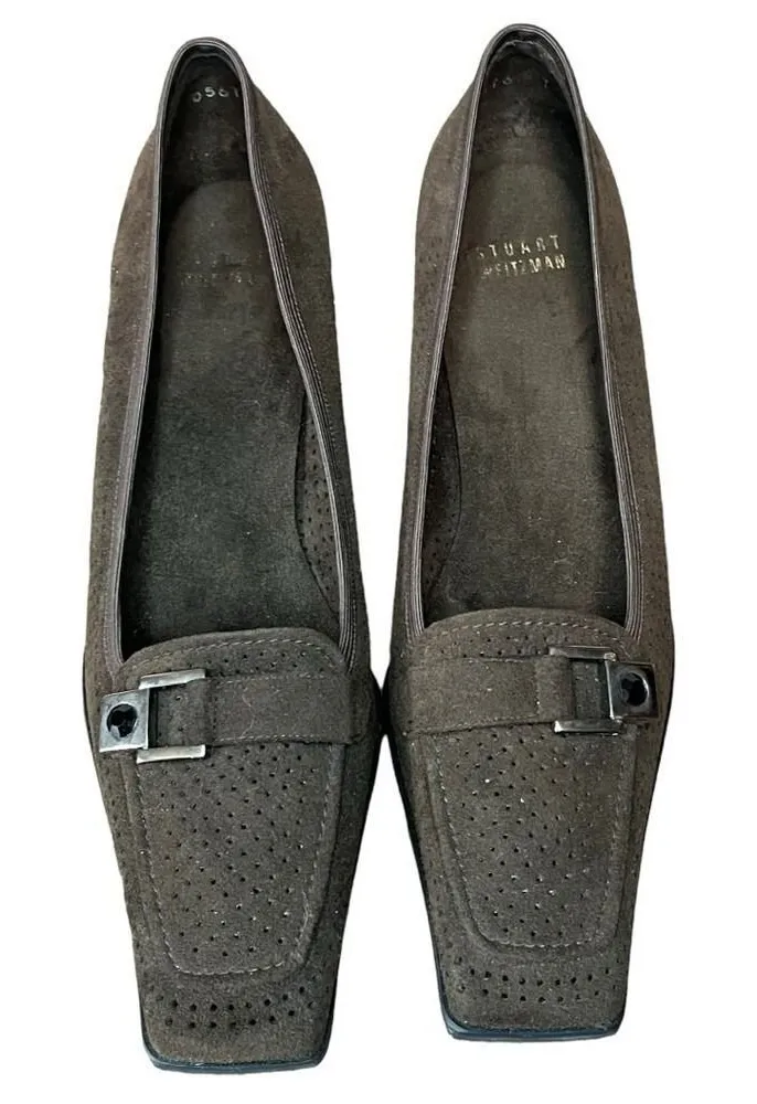 Stuart Weitzman Perforated Suede Pumps Womens 7.5 Brown Square Toe Buckle Heels
