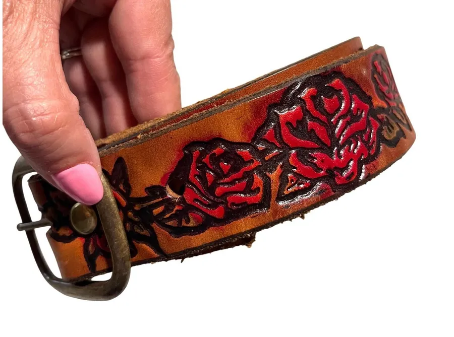 BeltStop Tooled Leather Rose Belt Women 34/36 Tan Western Boho Floral Handcraft Red