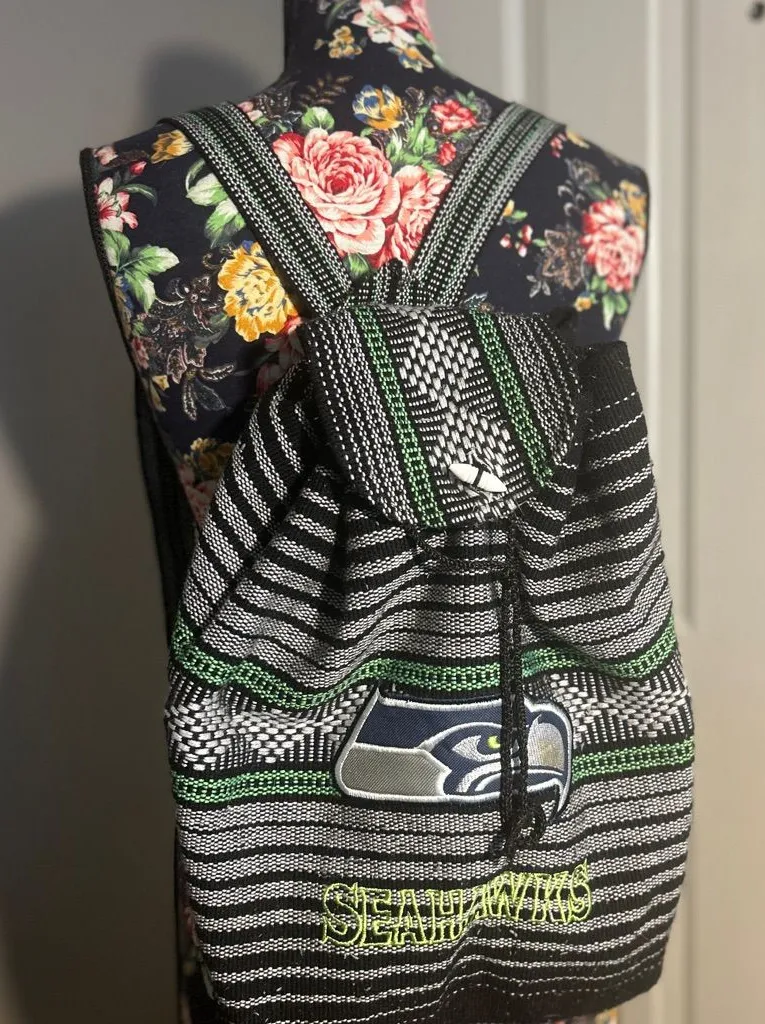 Seattle Seahawks Woven Drawstring Backpack NFL Baja Style Cinch Bag Green Black