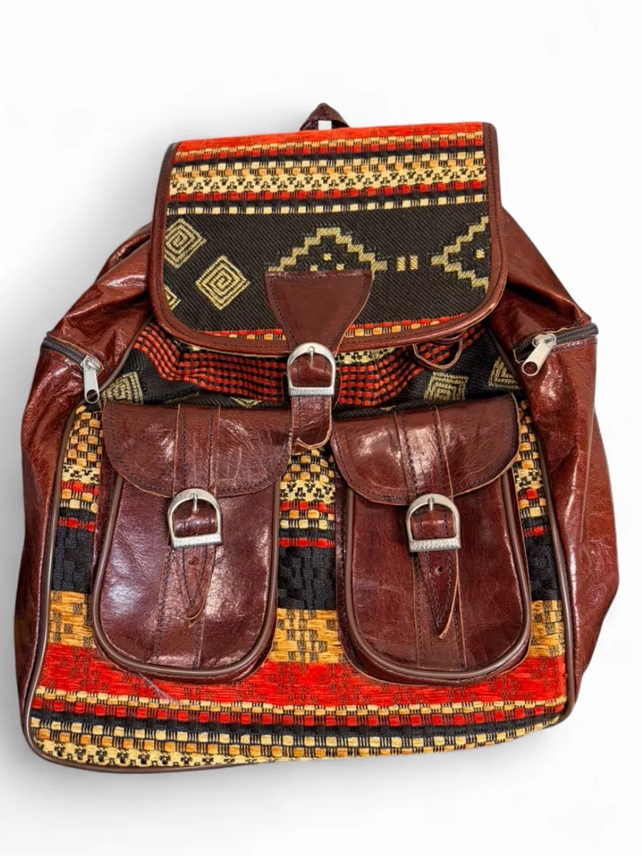 Vintage Vrai Cuir Leather Tapestry Backpack