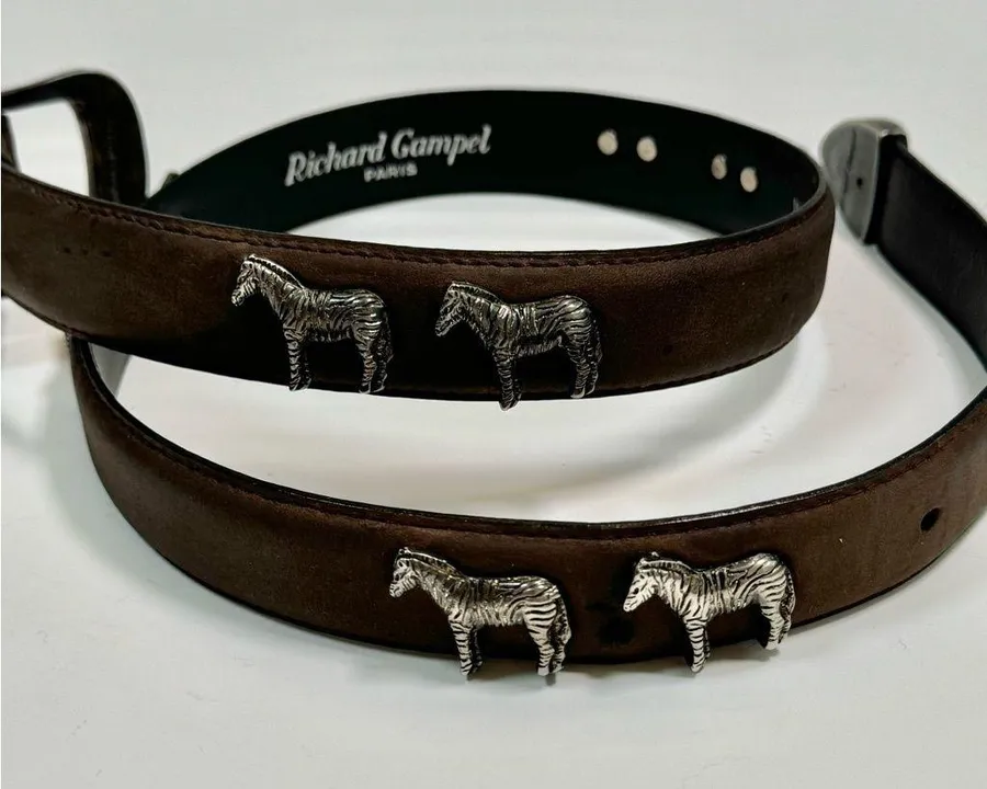 Richard Gampel Paris Brown Vachette Veritable Belt size 80 Leather Silver Zebra