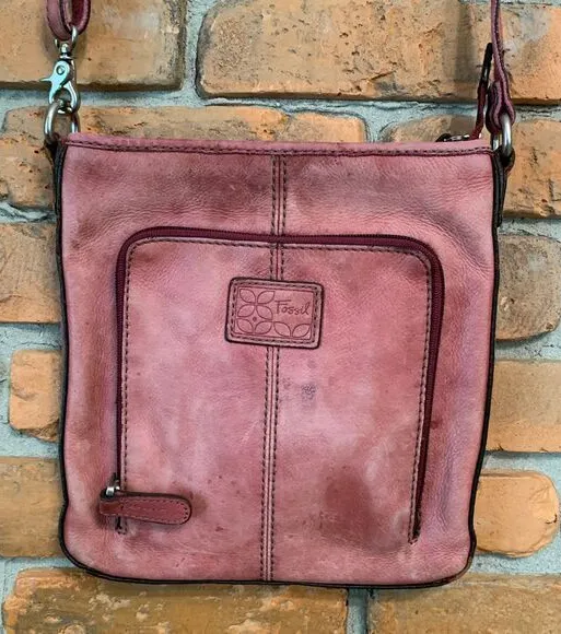 Fossil Women's Y2K Leather Double Pocket Crossbody Bag Pink Small Size