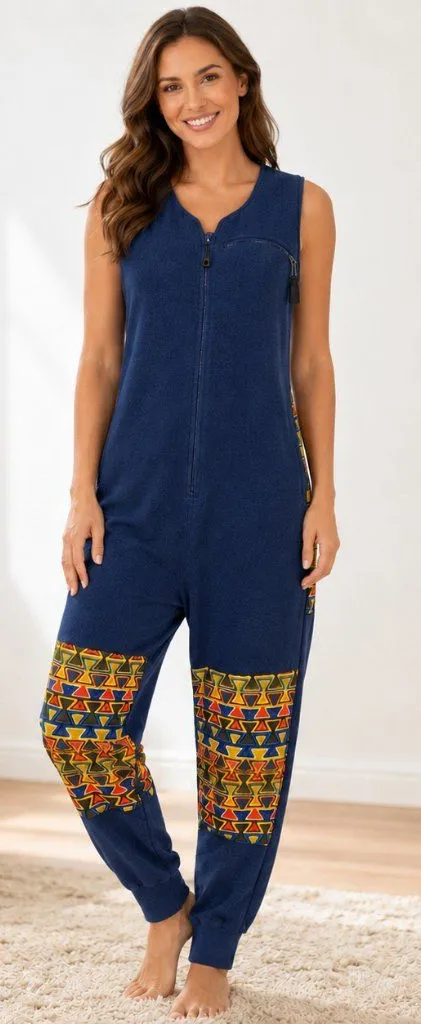 Patagonia Women's Fleece Jumpsuit Small Navy Geometric Cabincore Outdoor Lounge