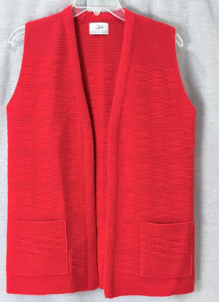Vintage Zado Red Knit Vest Open Front Geometric Textured Pockets Made in USA Red Size M