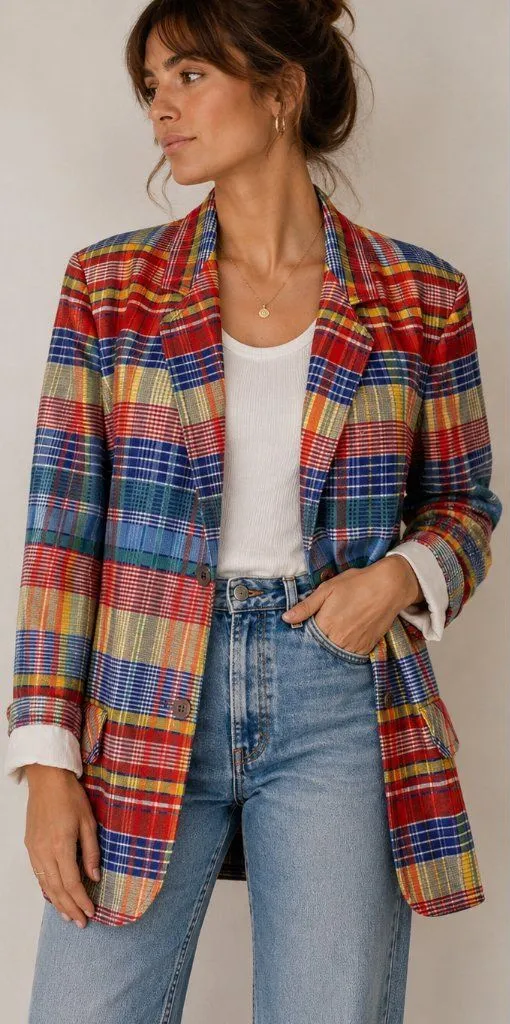 Vintage Butte 70s Boyfriend Blazer in Plaid Size Medium Red